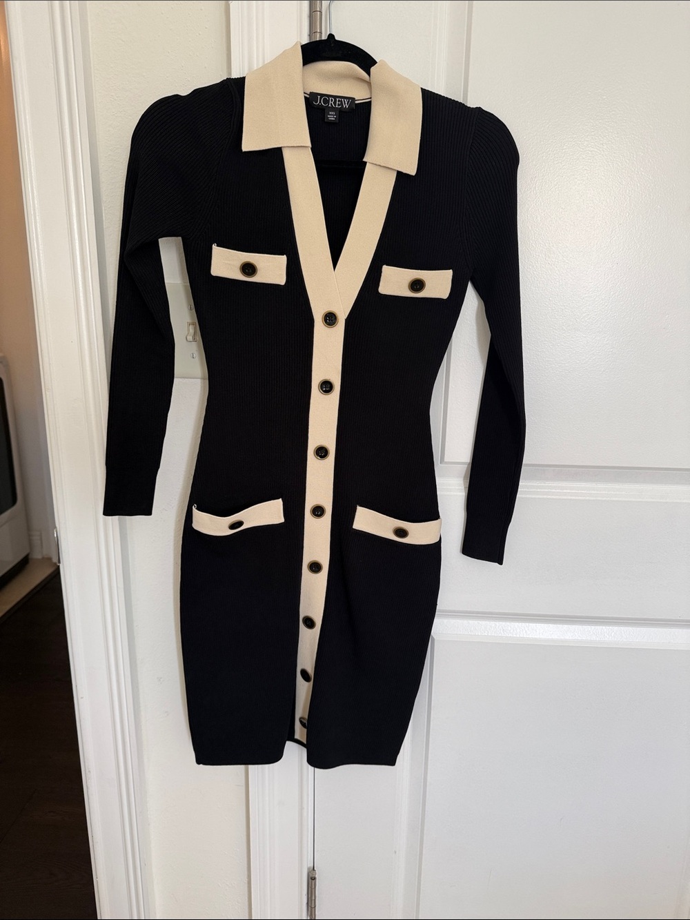 J. Crew Black Ribbed Knit Shirt Dress with Cream Trim